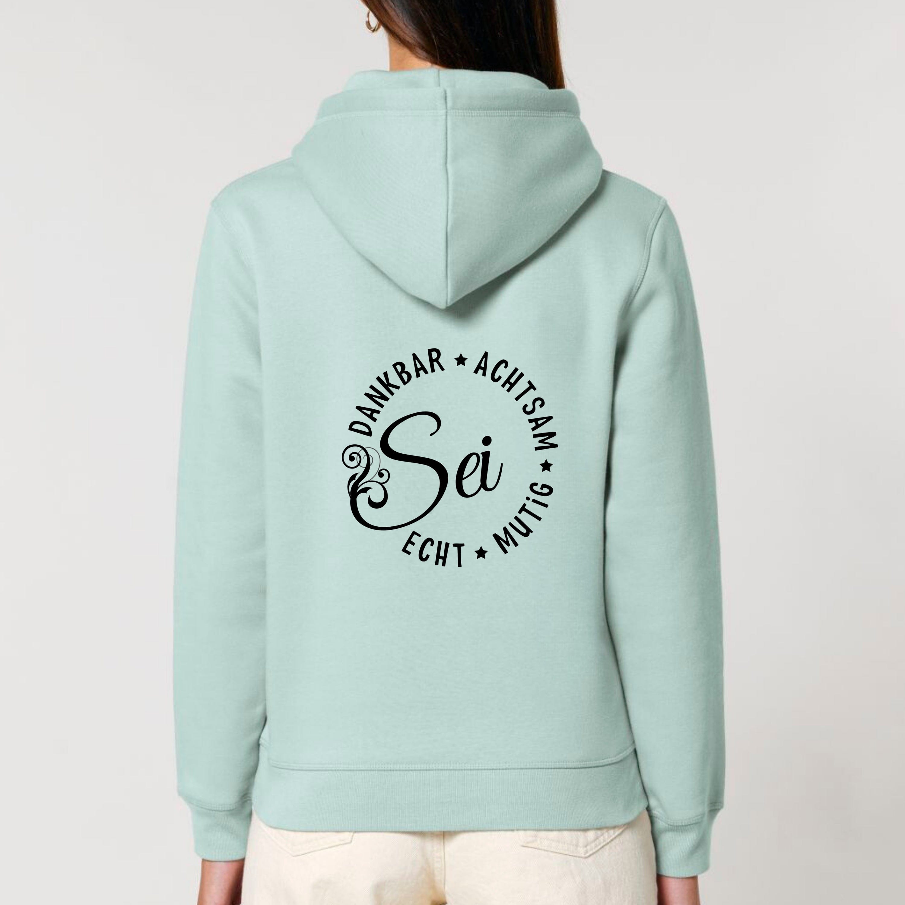 moteevation Sei dankbar, achtsam, echt und mutig - Bio Unisex Hoodie (Backprint) Caribbean Blue / XS