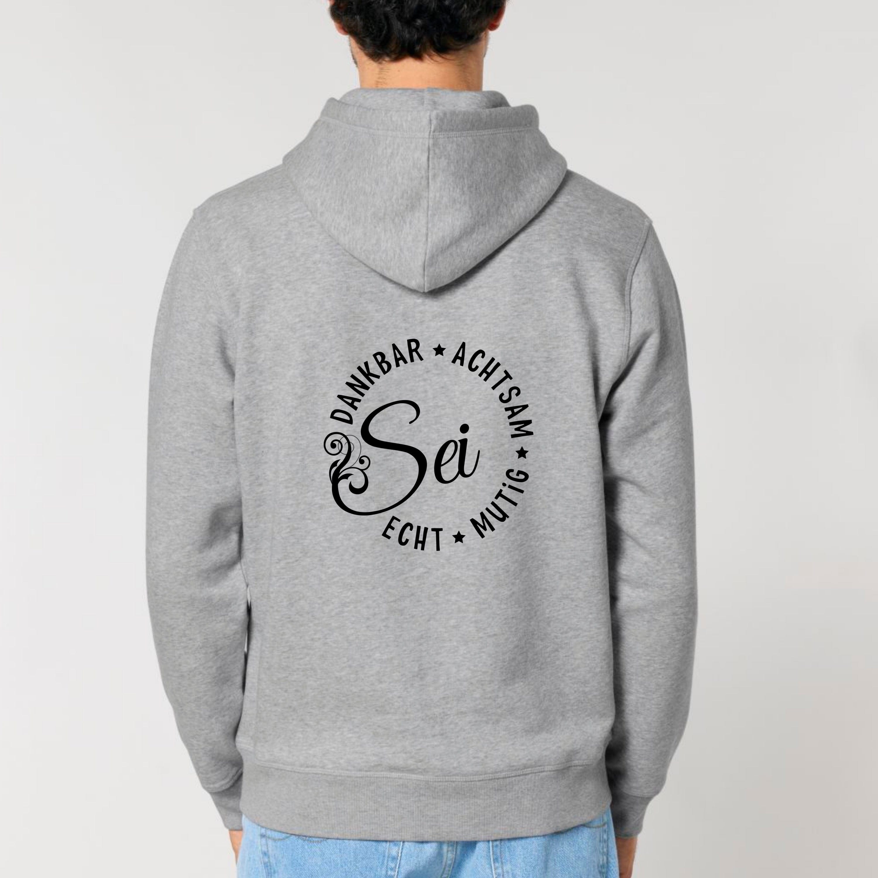 moteevation Sei dankbar, achtsam, echt und mutig - Bio Unisex Hoodie (Backprint) Heather Grey / XS