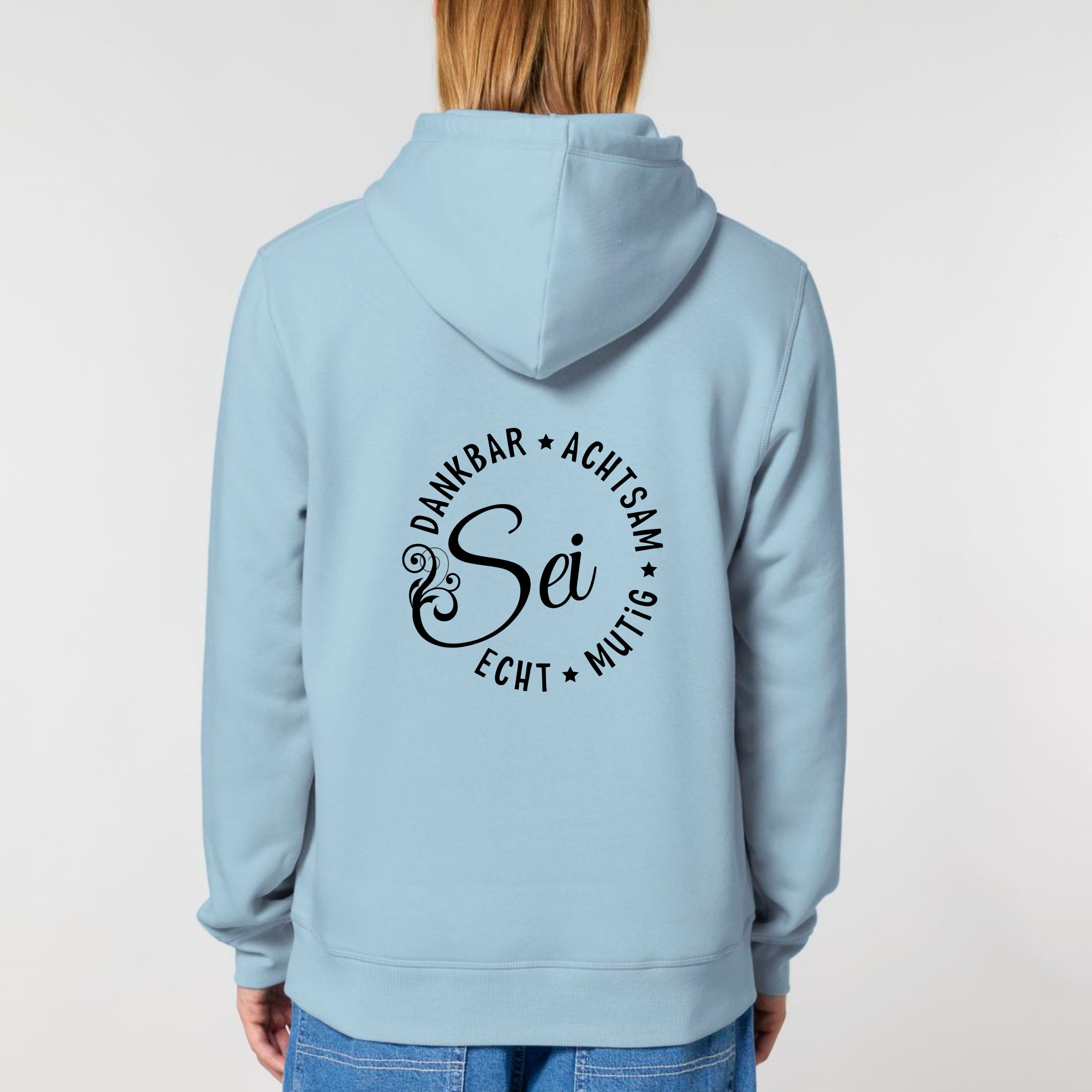 moteevation Sei dankbar, achtsam, echt und mutig - Bio Unisex Hoodie (Backprint) Sky Blue / XS