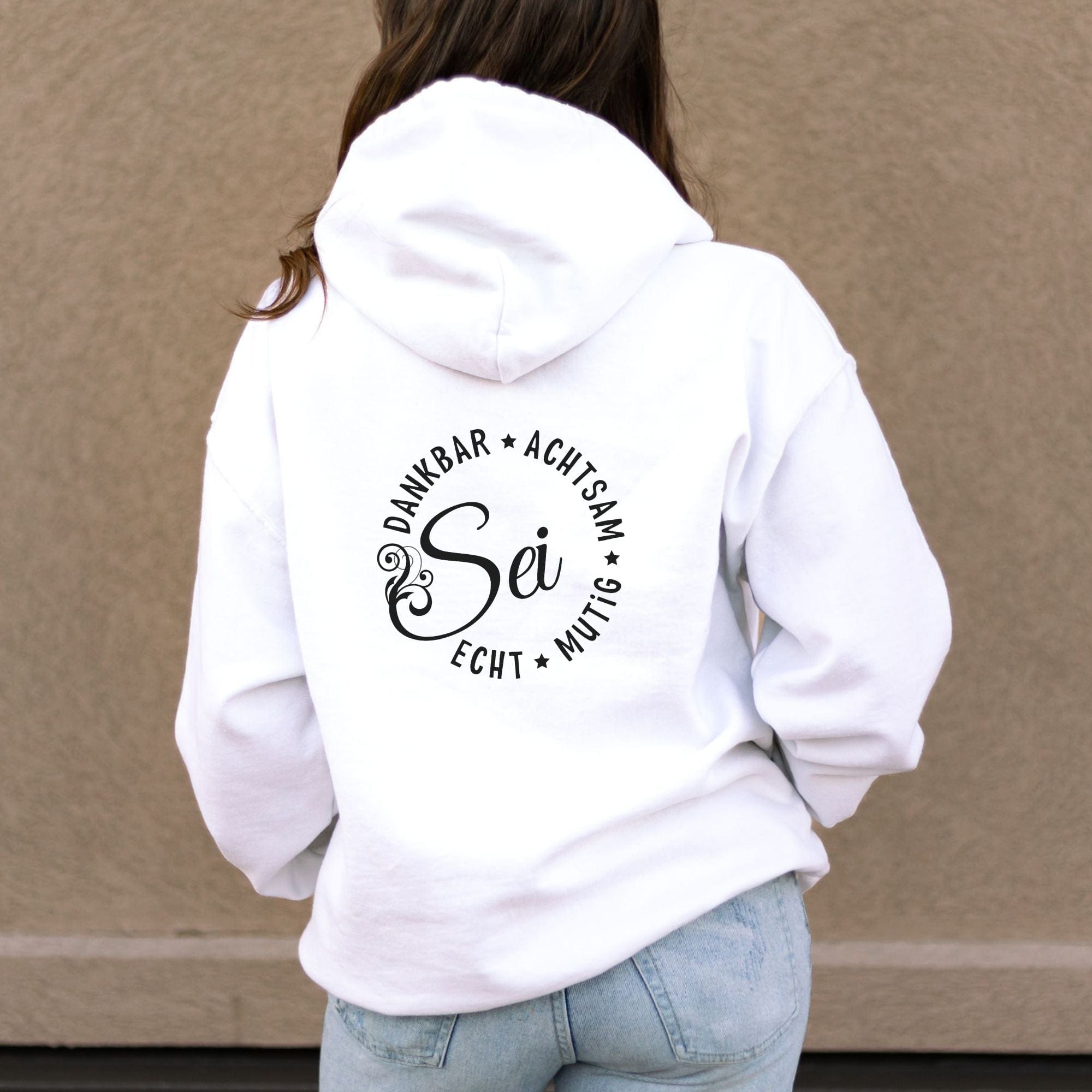 moteevation Sei dankbar, achtsam, echt und mutig - Bio Unisex Hoodie (Backprint) White / XS