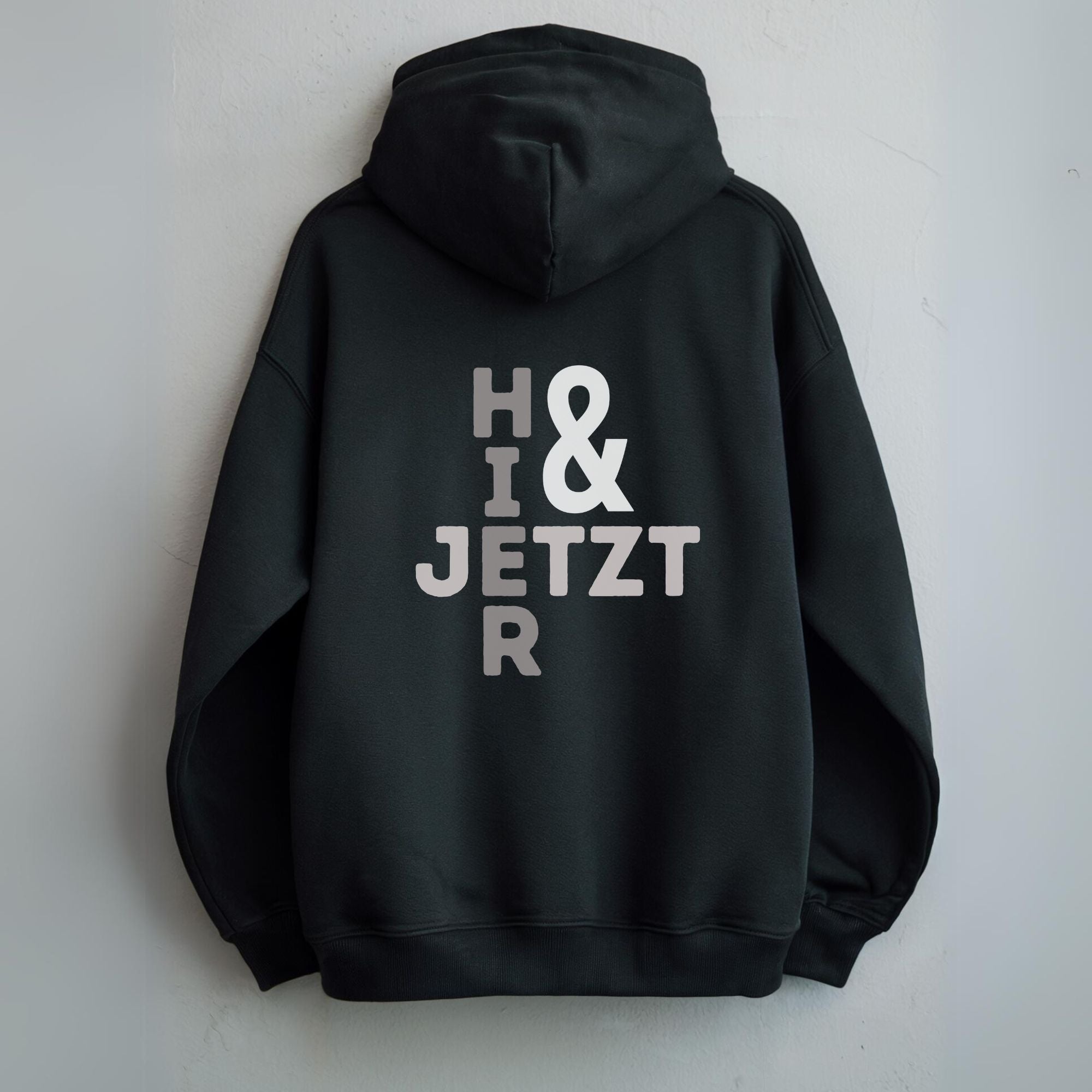 Hier & jetzt (grau) - Bio Unisex Hoodie (Backprint)