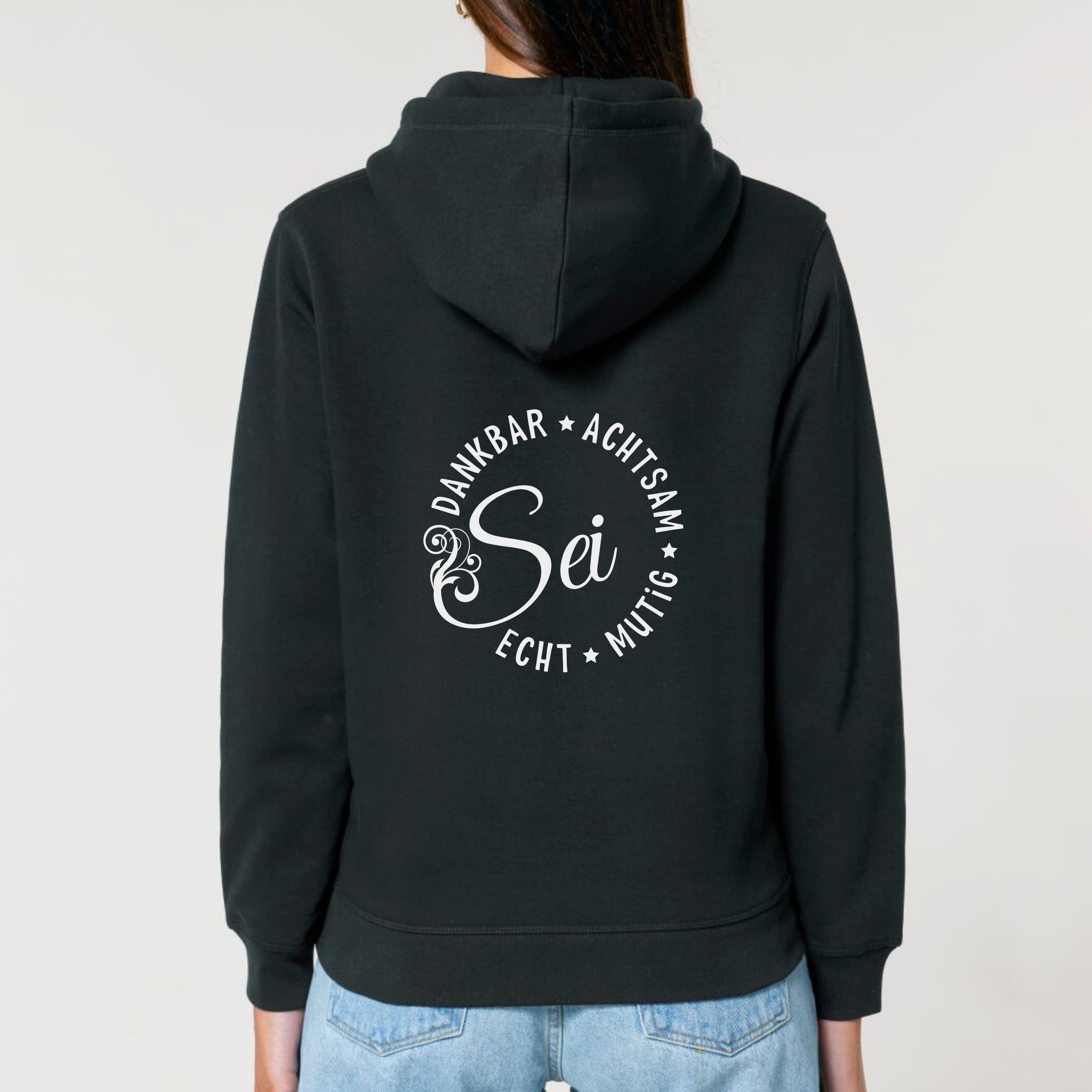 Sei dankbar, achtsam, echt und mutig - Bio Unisex Hoodie (Backprint)